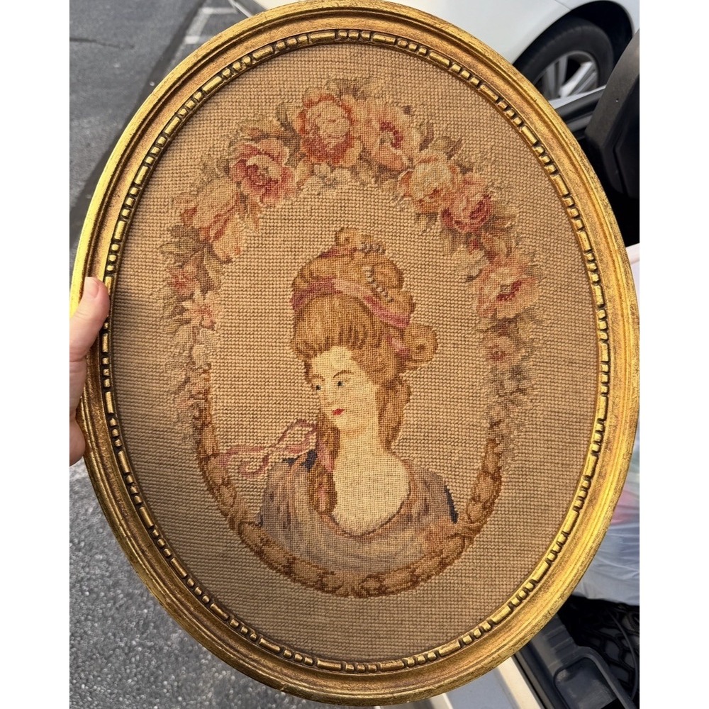 Vintage Woven Tapestry Lady Portrait 19" Oval Gold Frame Floral Wall Art